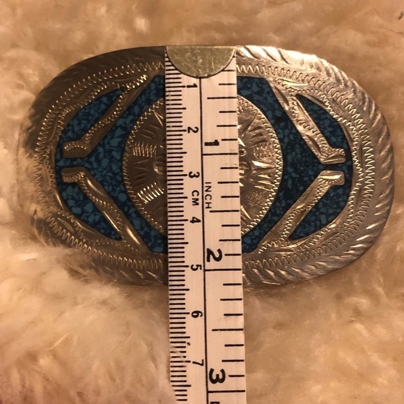 VTG Crushed Turquoise Inlay Mayan Sun Alpaca Silver Belt Buckle 3.5” x 2.1” - Picture 6 of 7